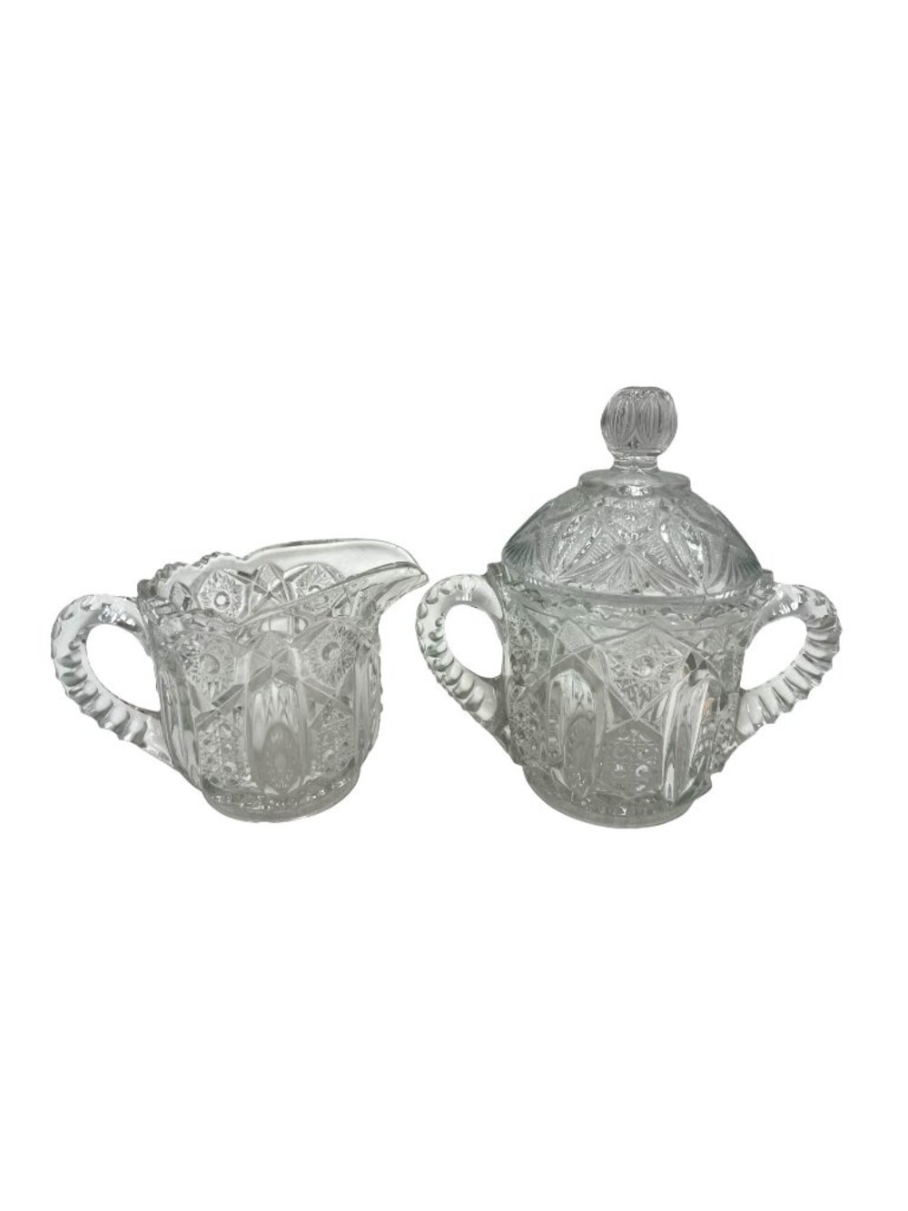 Vintage Pressed Glass Creamer & Sugar Bowl Quintec pattern by L.E. Smith EAPG